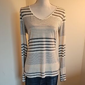 White House Black Market Gray and Cream Striped Long Sleeve Top